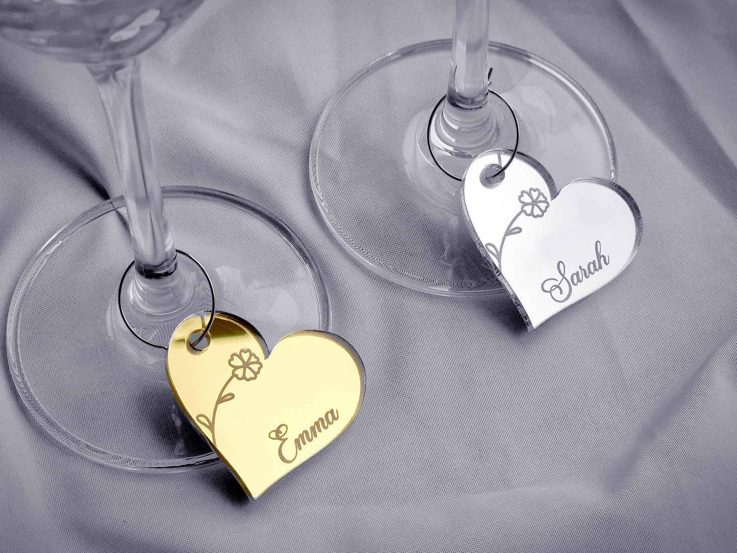 Wine Glass Name Tag With Floral Engraving