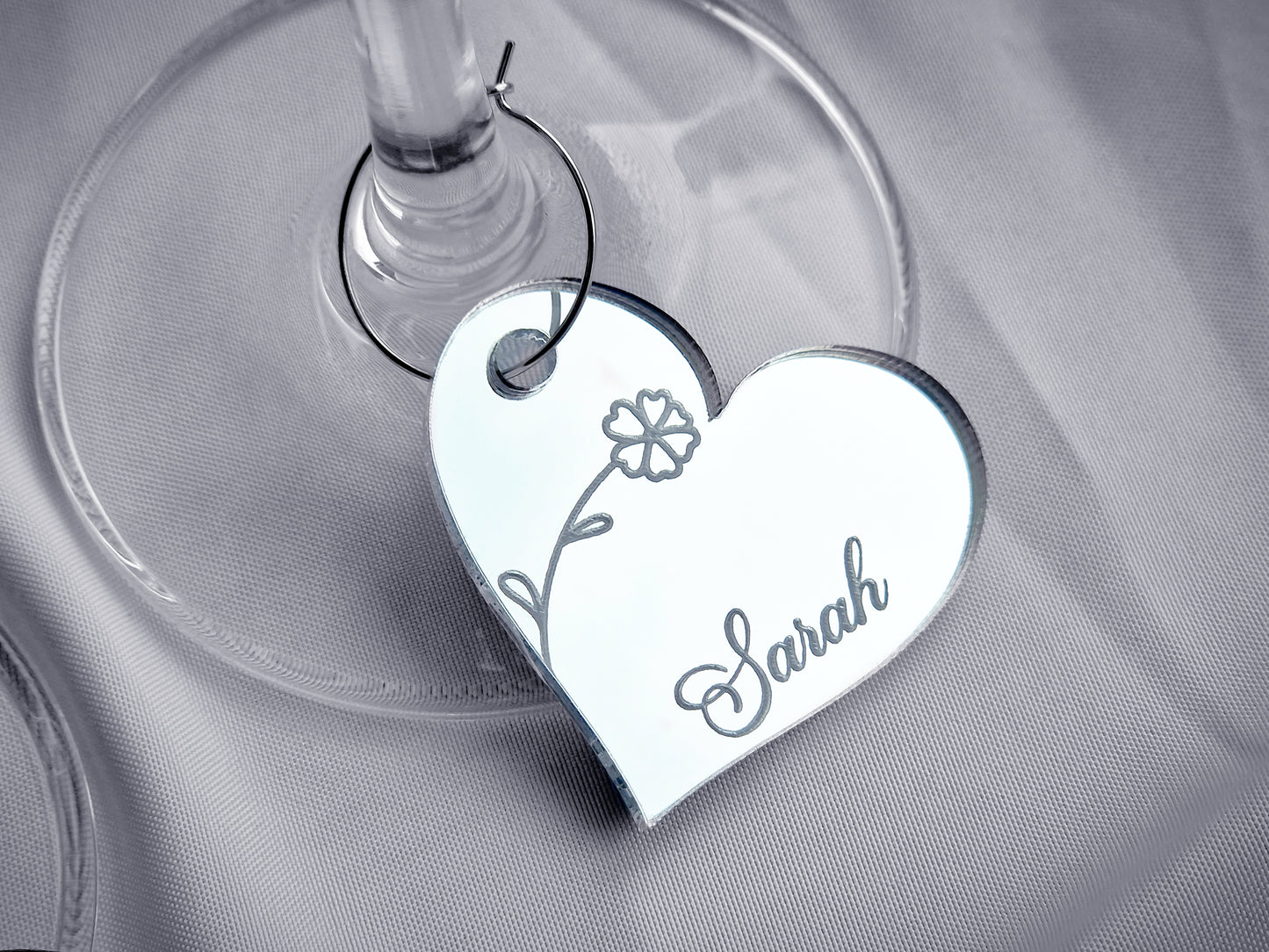 Wine Glass Name Tag With Floral Engraving