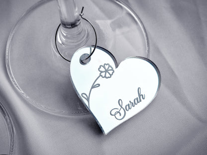 Wine Glass Name Tag With Floral Engraving