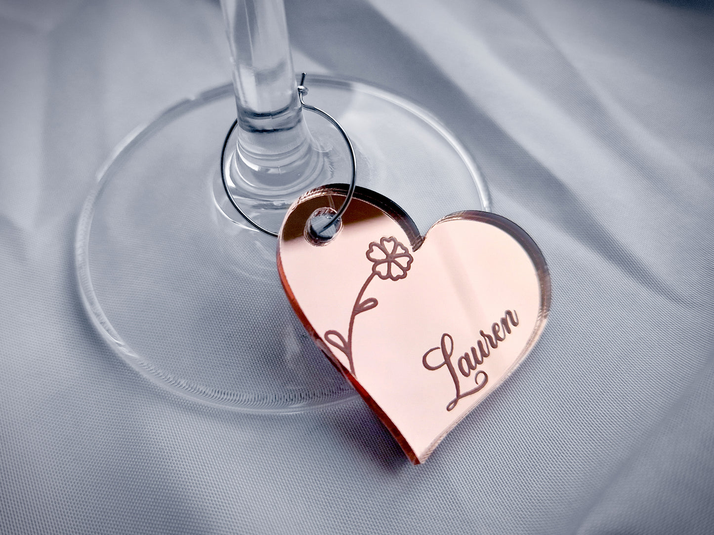 Wine Glass Name Tag With Floral Engraving