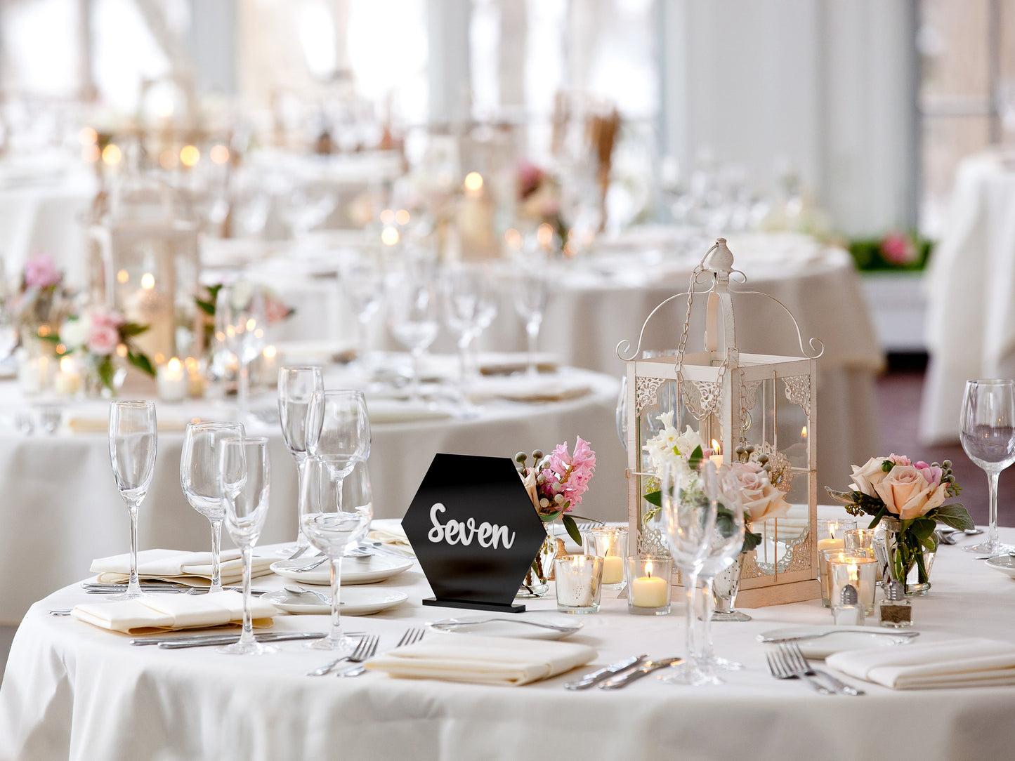 White Freestanding Hexagon Shaped Wedding Table Numbers