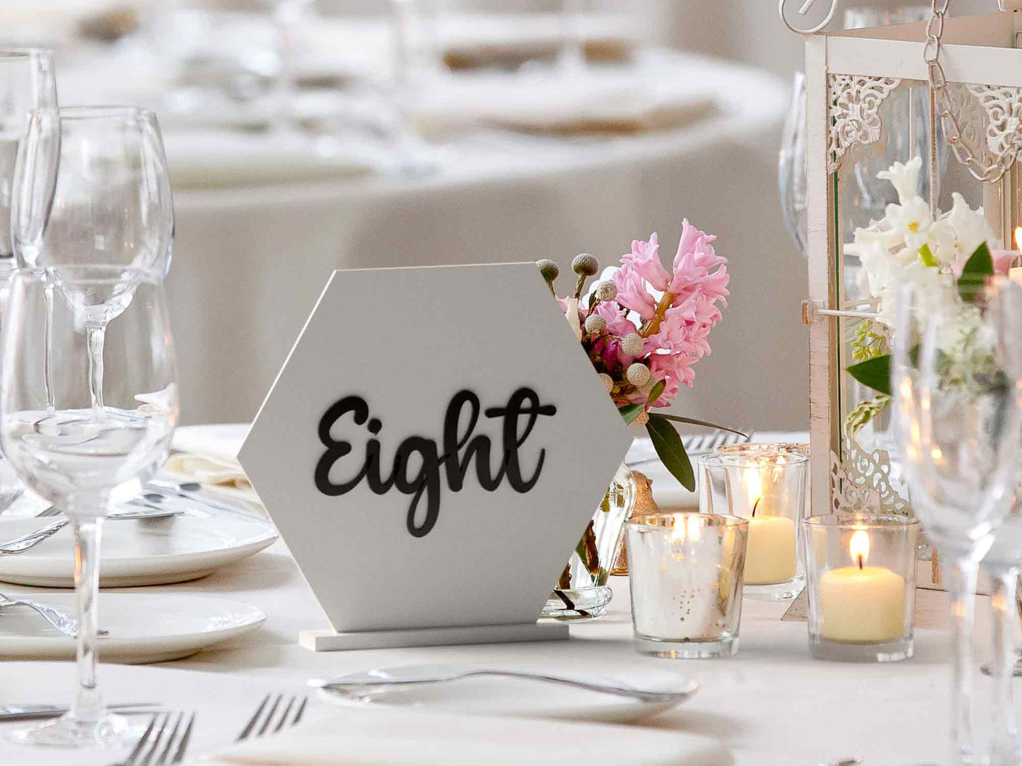 White Freestanding Hexagon Shaped Wedding Table Numbers