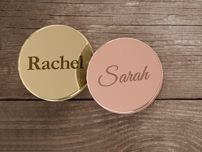 Round Mirrored Acrylic Wedding Place Names Engraved With Your Guests Names