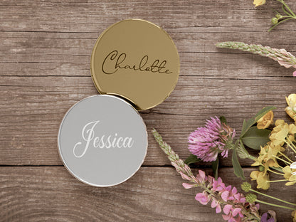 Round Mirrored Acrylic Wedding Place Names Engraved With Your Guests Names