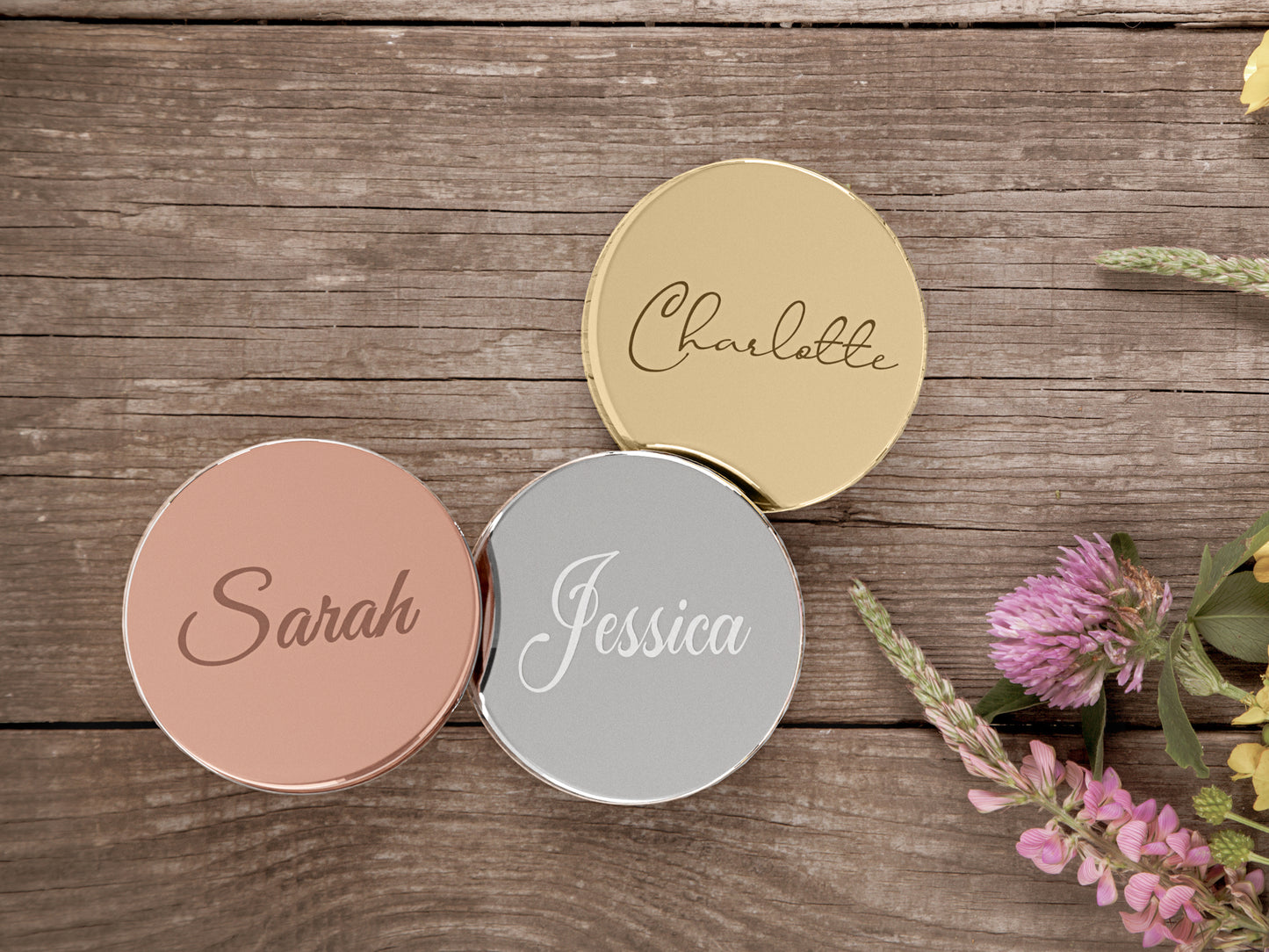 Round Mirrored Acrylic Wedding Place Names Engraved With Your Guests Names