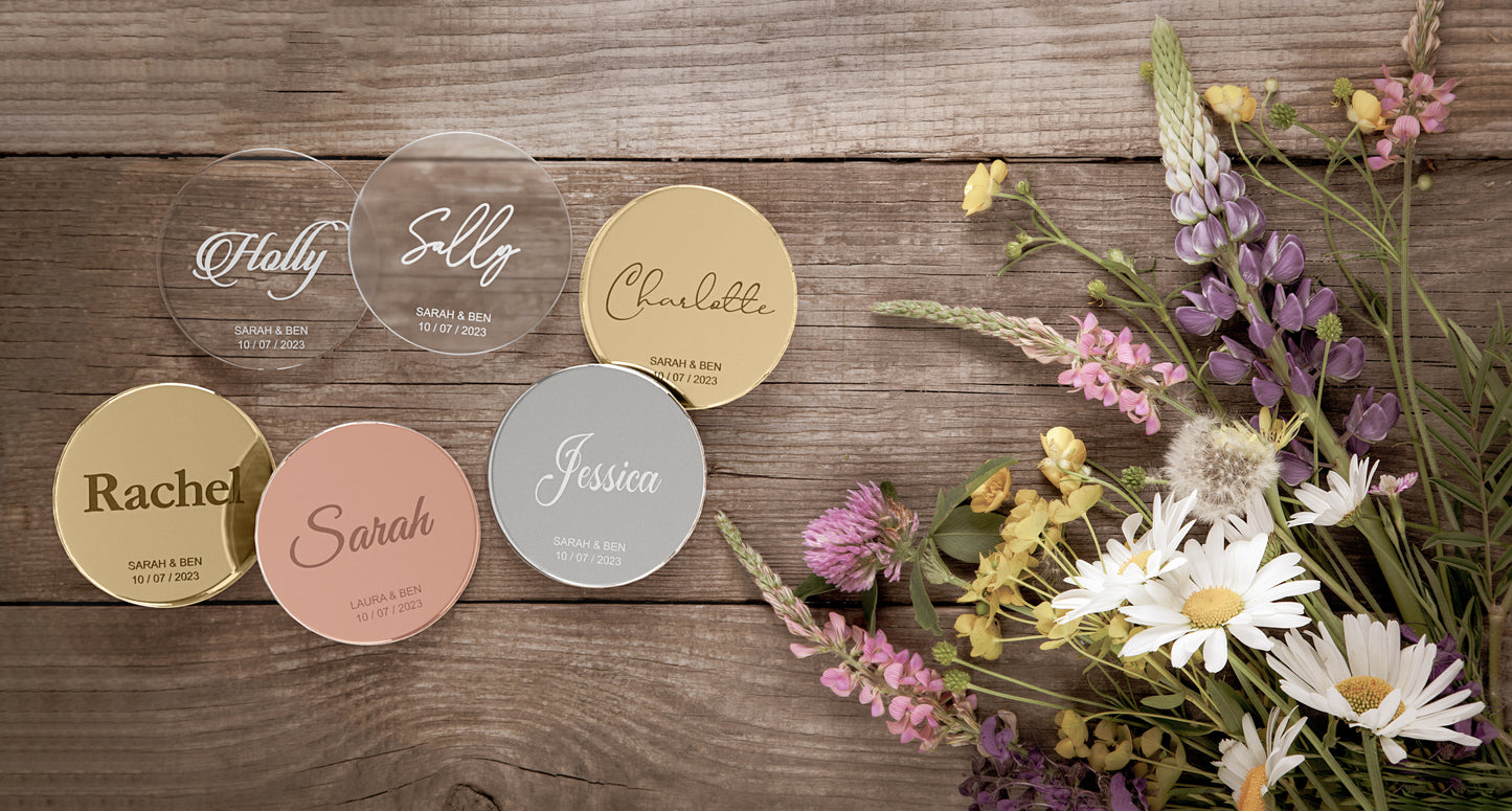 Engraved Round Wedding Name Tags With Wedding Date / Bride & Groom Names