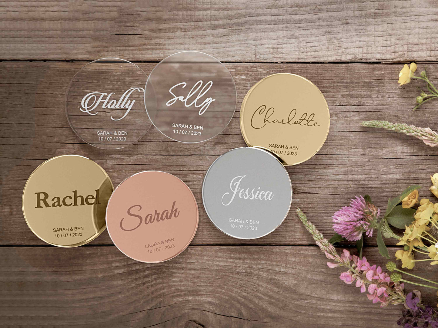 Engraved Round Wedding Name Tags With Wedding Date / Bride & Groom Names