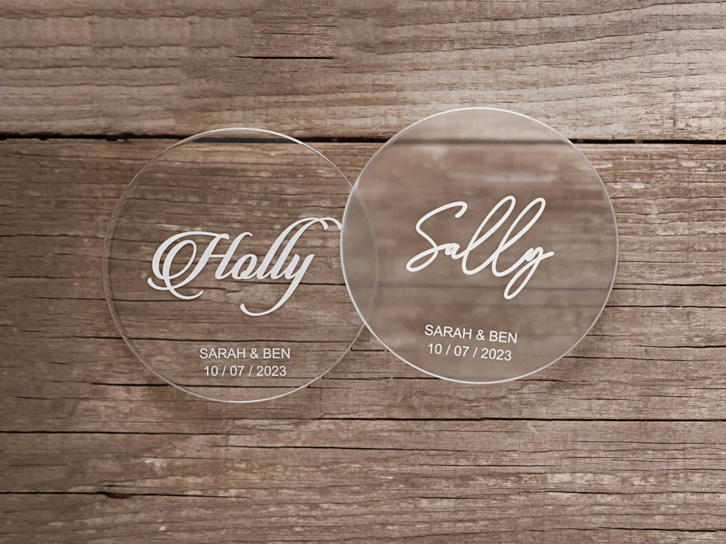 Engraved Round Wedding Name Tags With Wedding Date / Bride & Groom Names