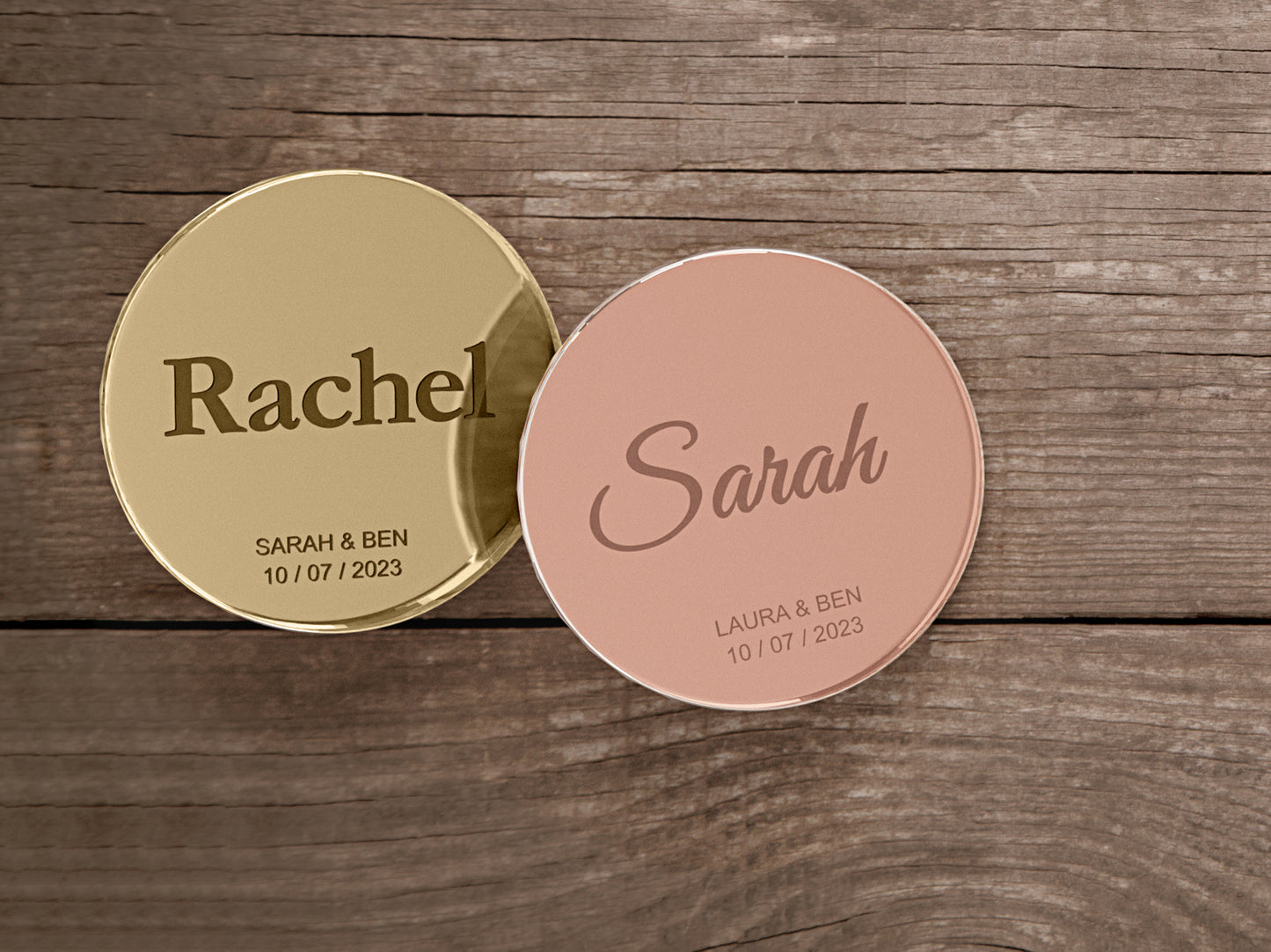 Engraved Round Wedding Name Tags With Wedding Date / Bride & Groom Names