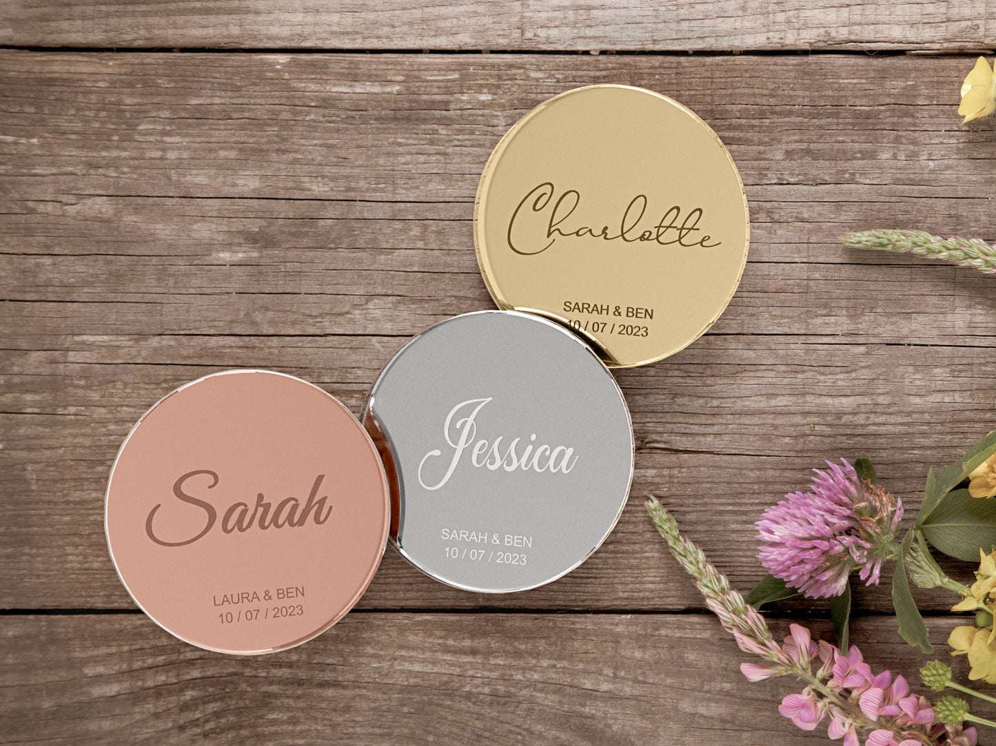 Engraved Round Wedding Name Tags With Wedding Date / Bride & Groom Names