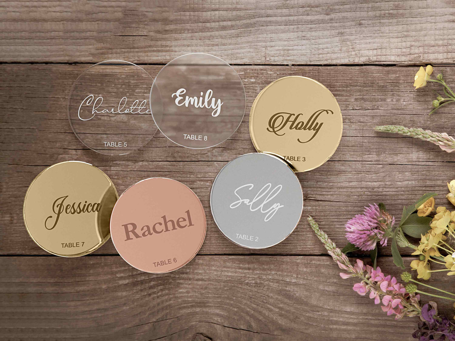 Engraved Round Wedding Name Tags With Table Numbers