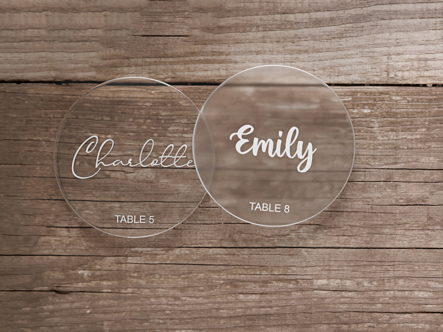 Engraved Round Wedding Name Tags With Table Numbers