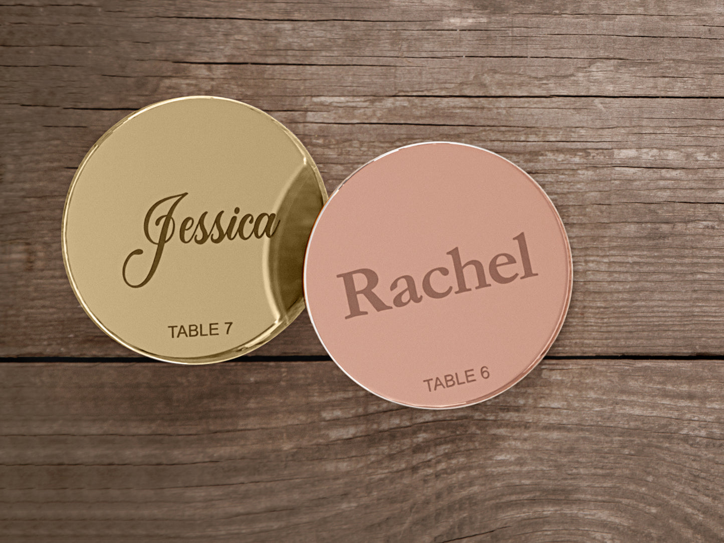 Engraved Round Wedding Name Tags With Table Numbers