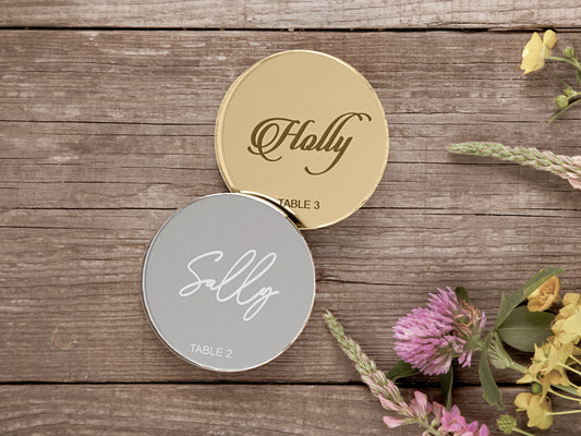 Engraved Round Wedding Name Tags With Table Numbers