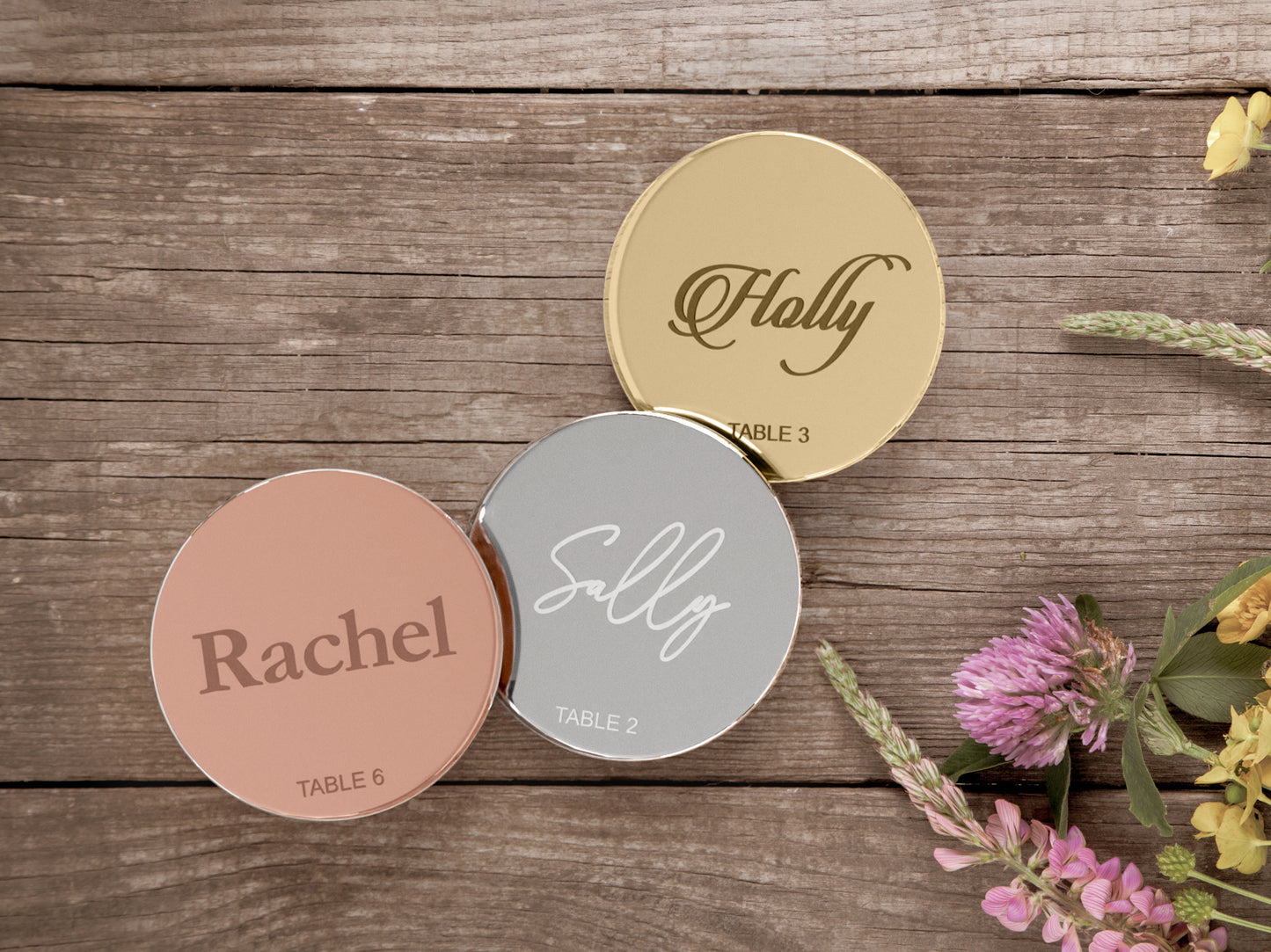 Engraved Round Wedding Name Tags With Table Numbers