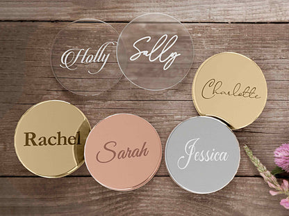 Round Mirrored Acrylic Wedding Place Names Engraved With Your Guests Names