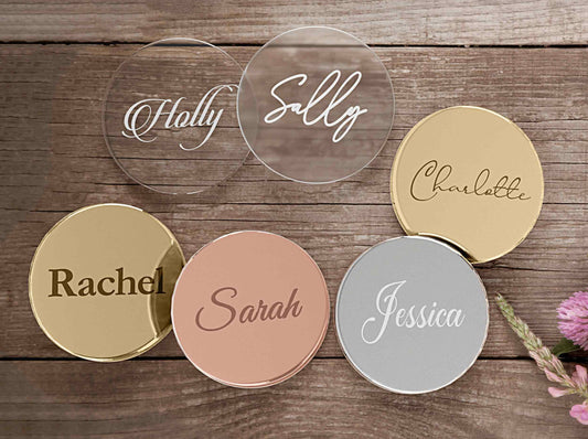 Round Mirrored Acrylic Wedding Place Names Engraved With Your Guests Names